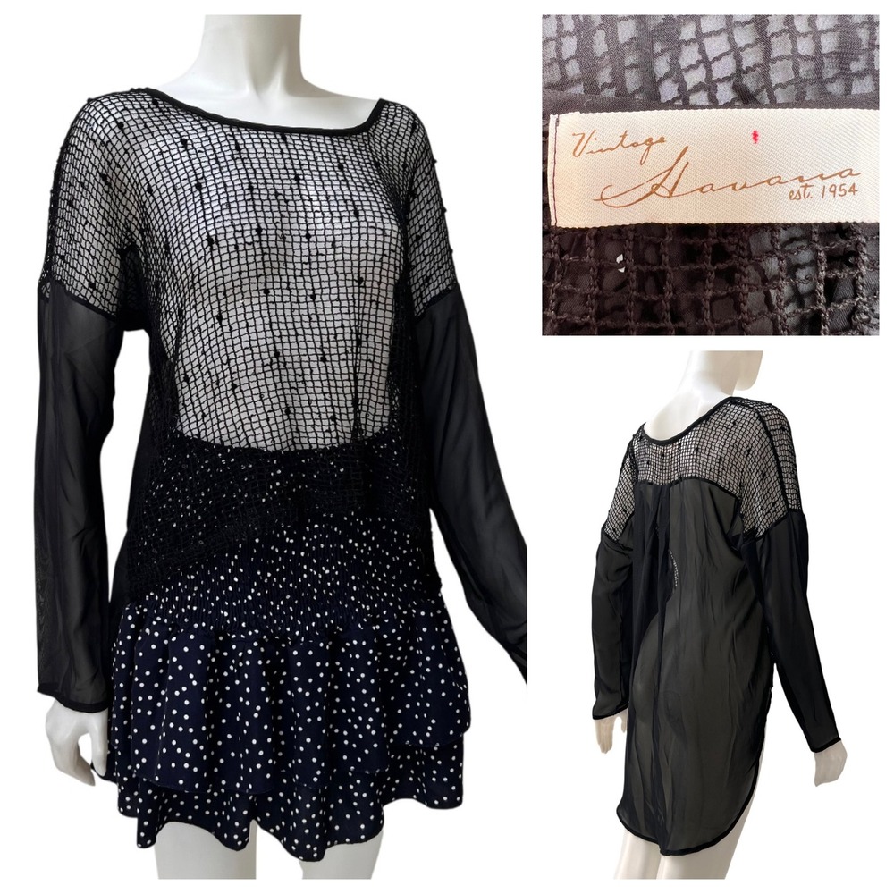 Vintage Havana Black Mesh Chiffon High-Low Sequin Top L Grunge Fairy Whimsygoth
